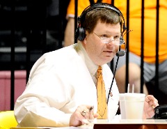 Bill Powers behind the play-by-play microphone at Midwestern State. He was the radio voice for East Texas State, Texas A&M-Commerce, Midwestern State and Hawai'i Pacific during his career and had the opportunity to broadcast three consecutive NCAA Division II Men’s Basketball Elite Eights.